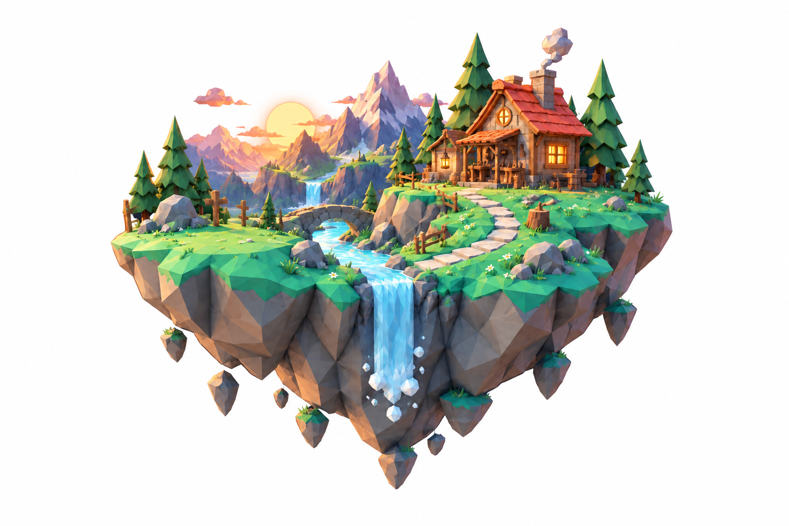 A sunlit floating island with a cozy cabin and waterfall
